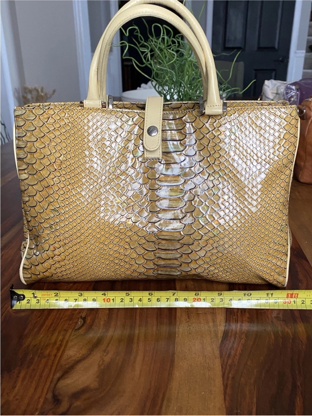 Danier Yellow Snake-Embossed Satchel with Cream Handles